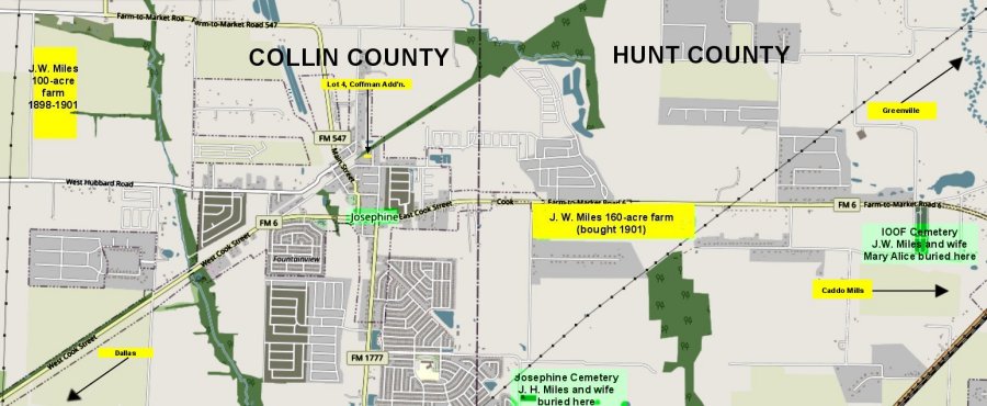 Where J. W. Miles lived in Collin and Hunt Counties, Texas